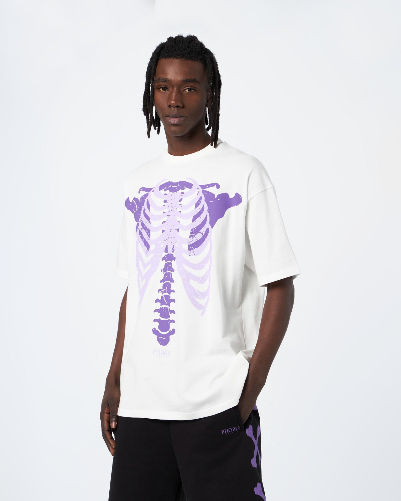 Men Purple Skeleton Print T-shirt in White