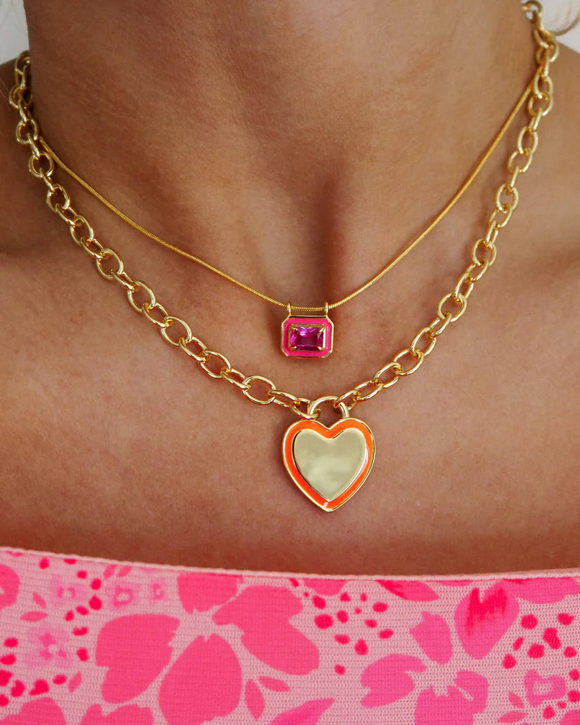 Bezel Pendant Necklace- Hot Pink- Gold