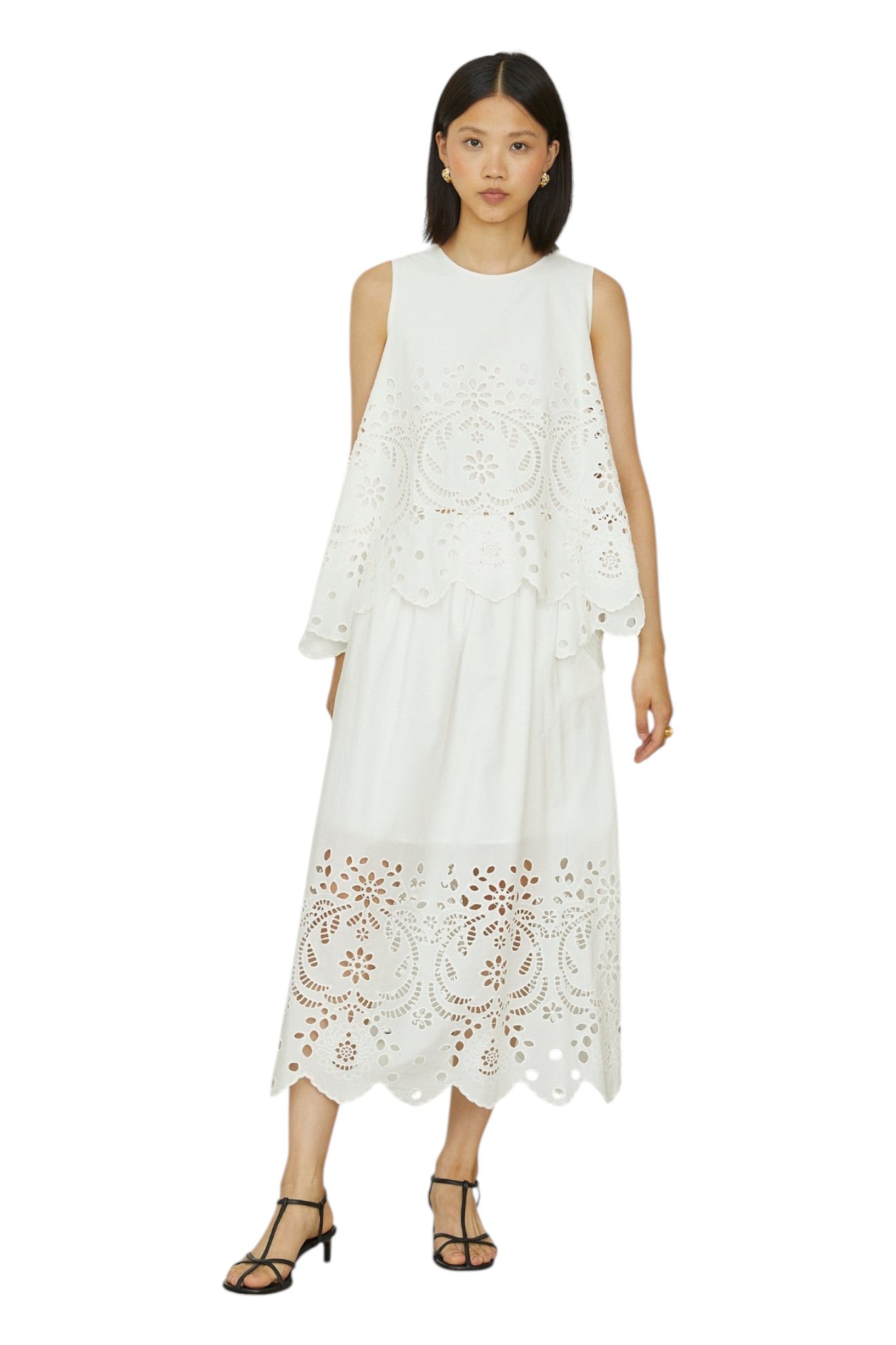 Petraia White Cotton Broderie Anglaise Sleeveless Top With Scalloped Hem