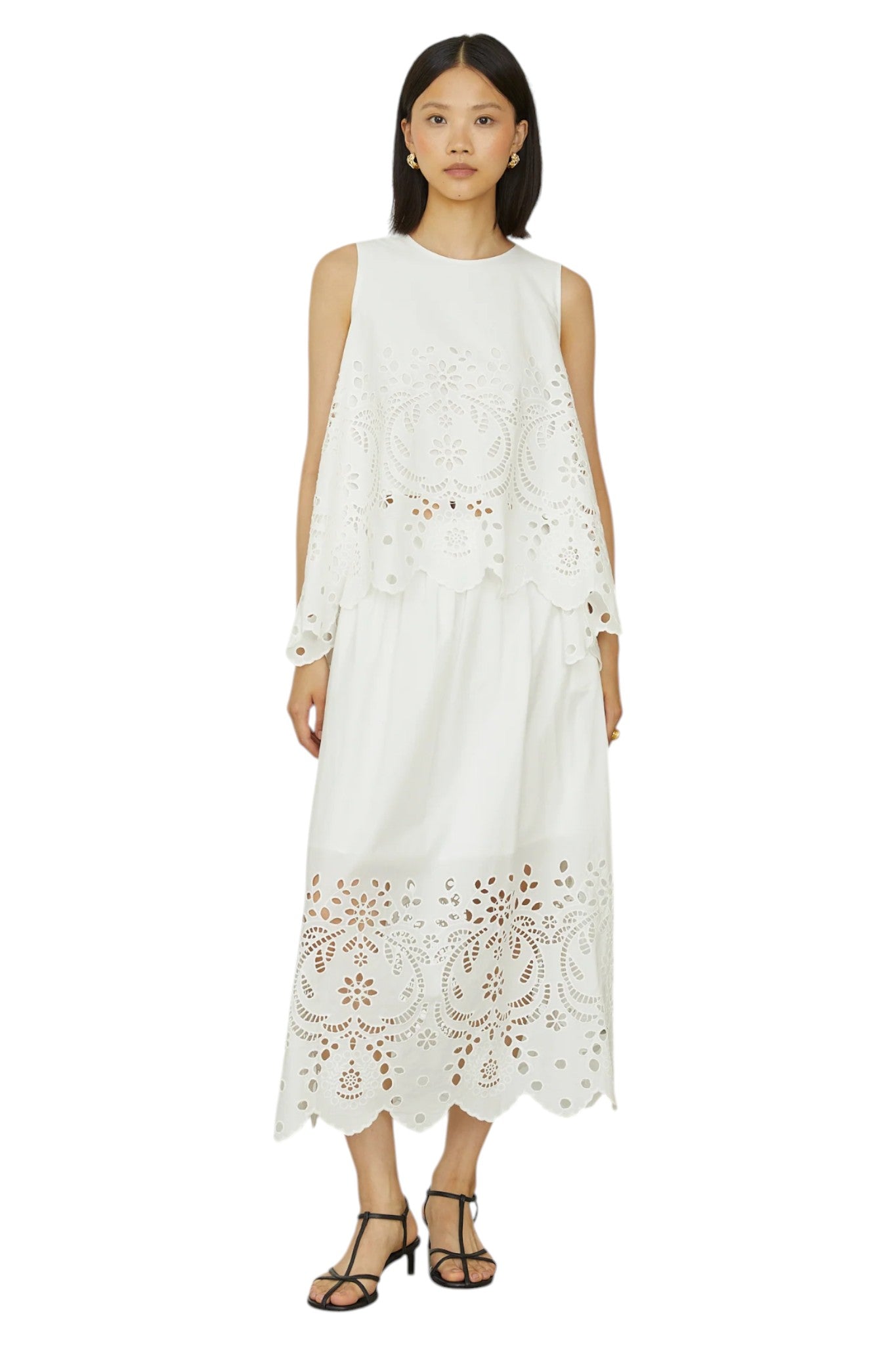 Petraia White Cotton Broderie Anglaise Sleeveless Top With Scalloped Hem