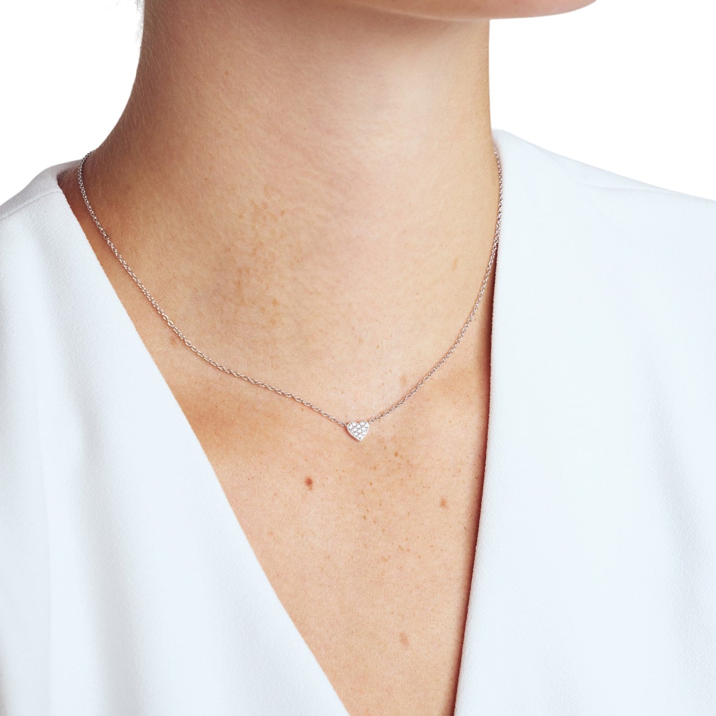 CUORE Rhodium Plated Sterling Silver NECKLACE with White zirconia