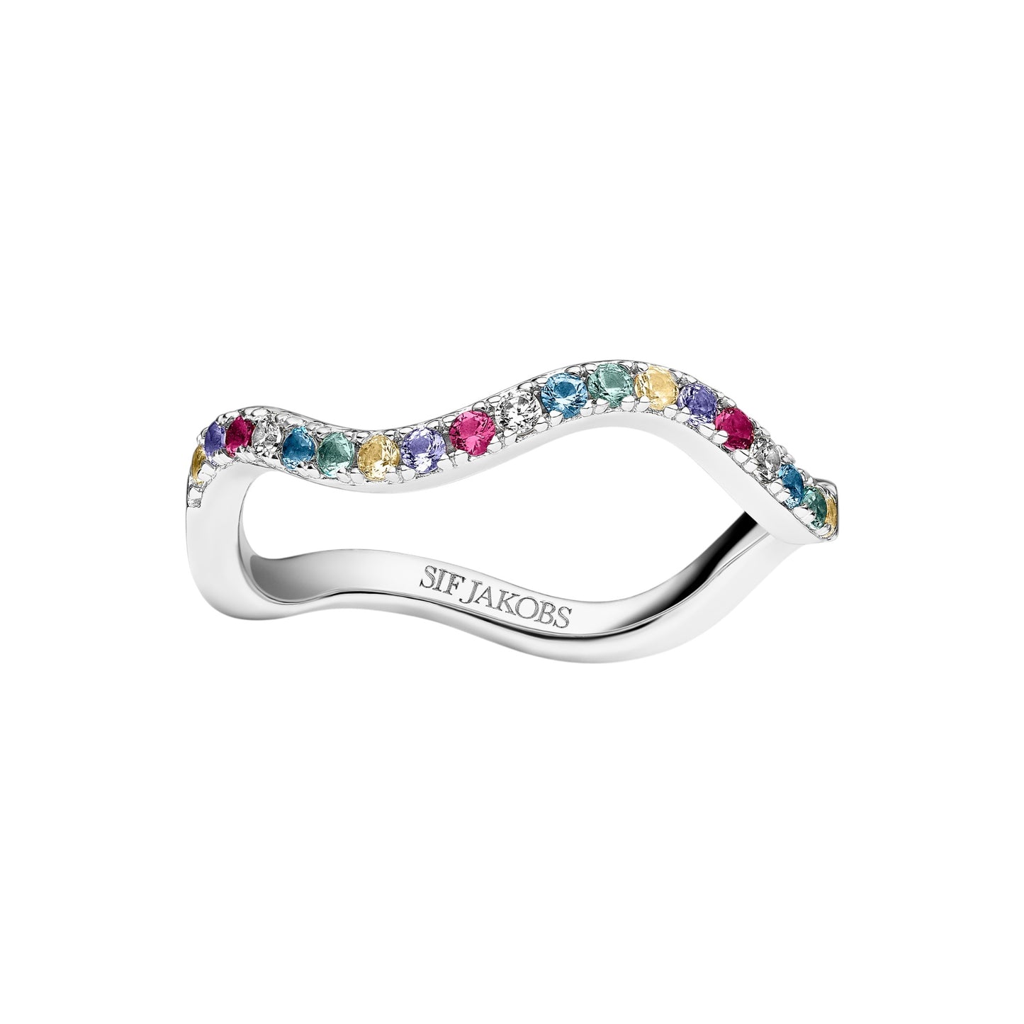 ELLERA WAVES Rhodium Plated Sterling Silver RING with multicoloured zirconia