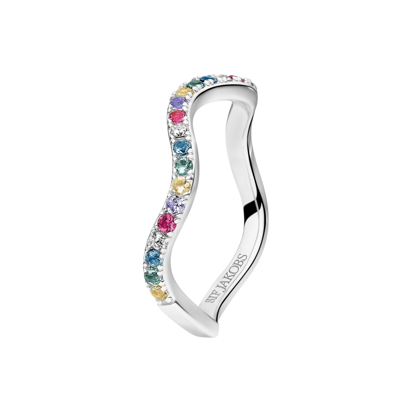 ELLERA WAVES Rhodium Plated Sterling Silver RING with multicoloured zirconia