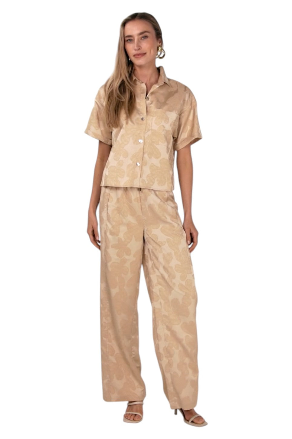 EsQualo BLOUSE JACQUARD LEAVES Sand