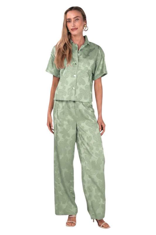 EsQualo BLOUSE JACQUARD LEAVES Soft Green