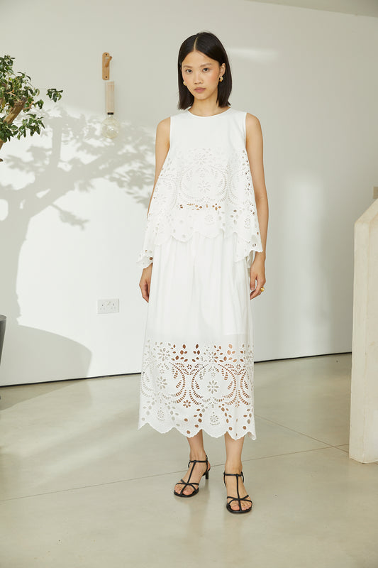 Sonia White Cotton Broderie Midi Skirt With Lace Trim