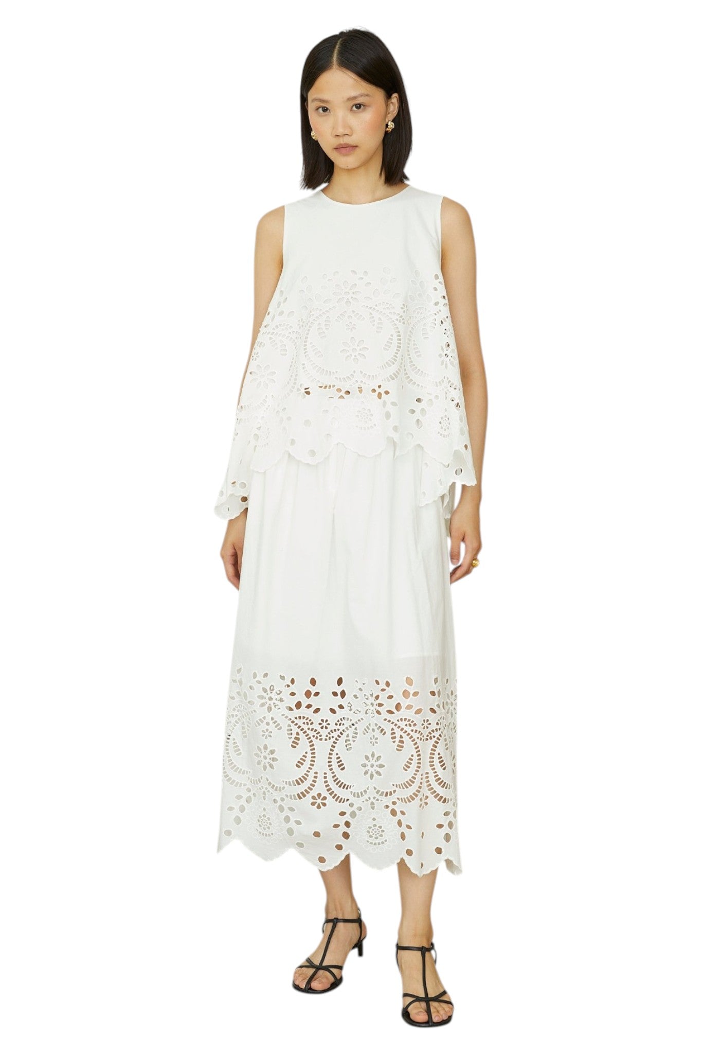 Sonia White Cotton Broderie Midi Skirt With Lace Trim