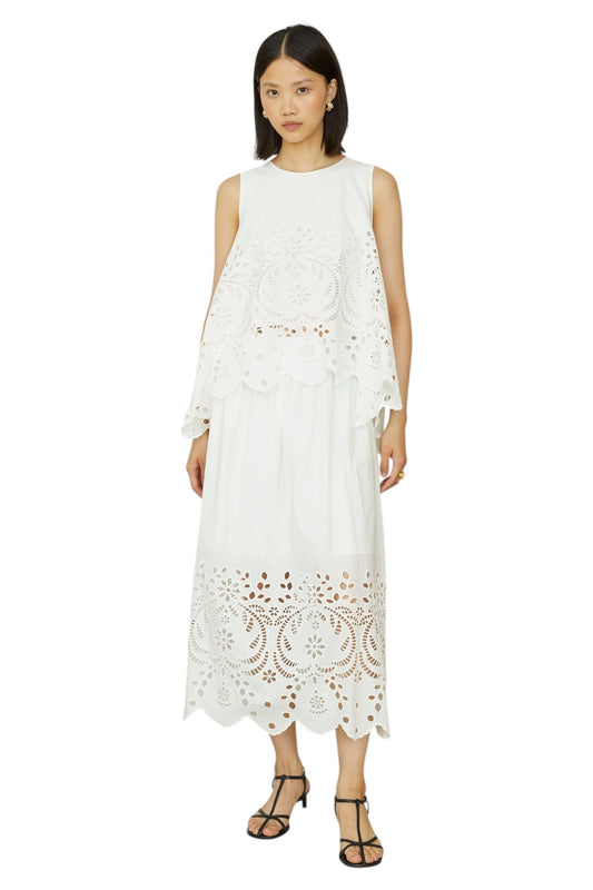 Sonia White Cotton Broderie Midi Skirt With Lace Trim