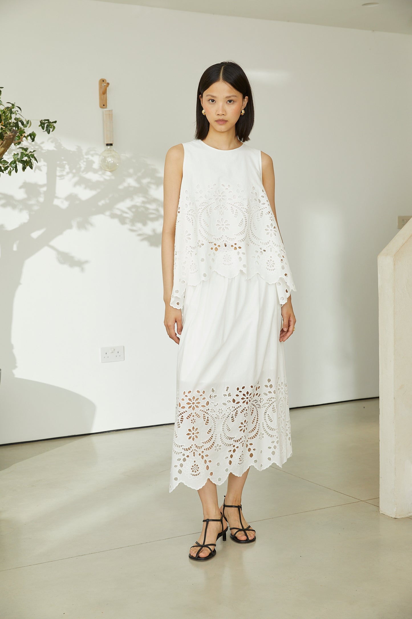 Sonia White Cotton Broderie Midi Skirt With Lace Trim