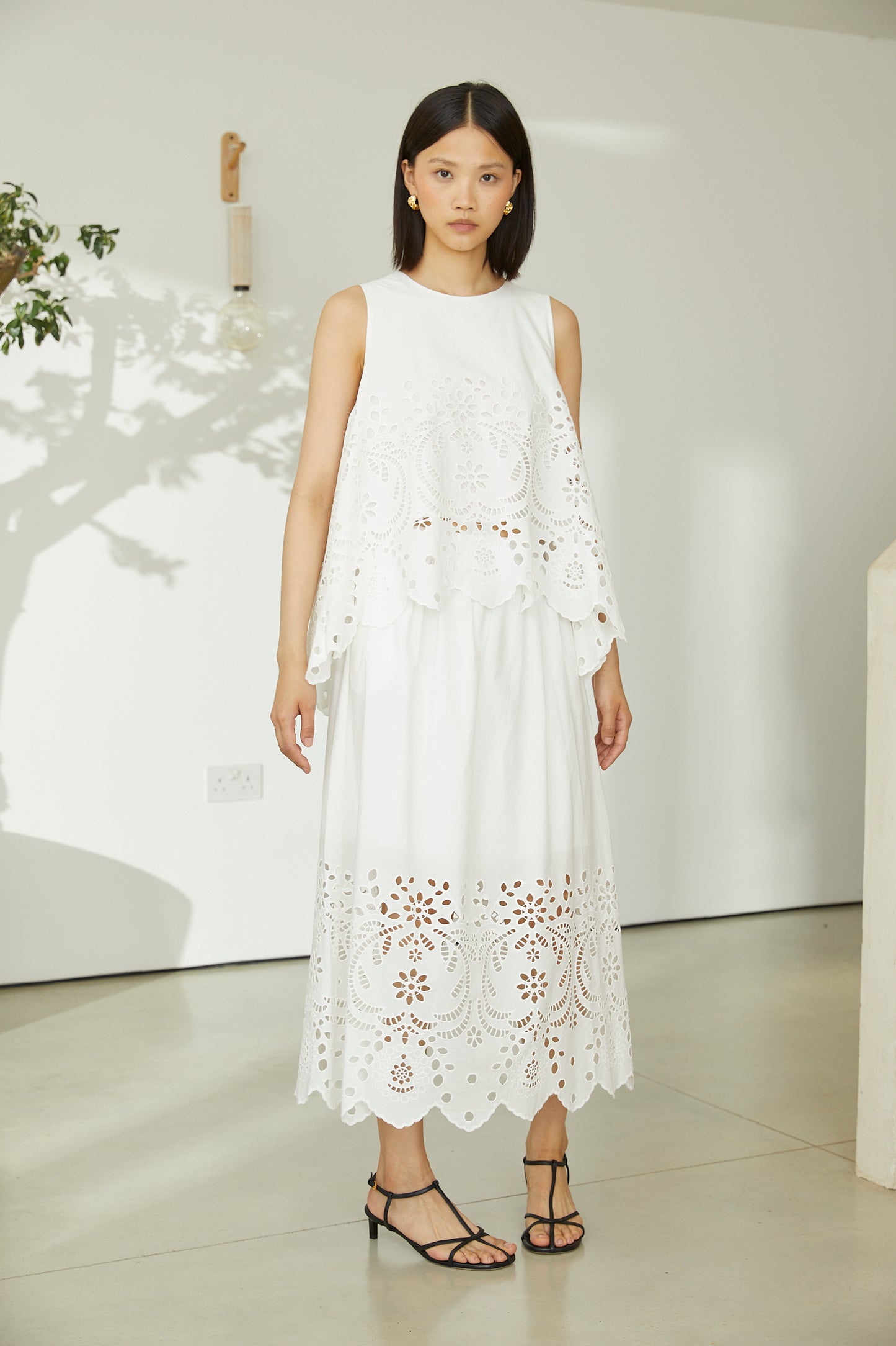 Sonia White Cotton Broderie Midi Skirt With Lace Trim