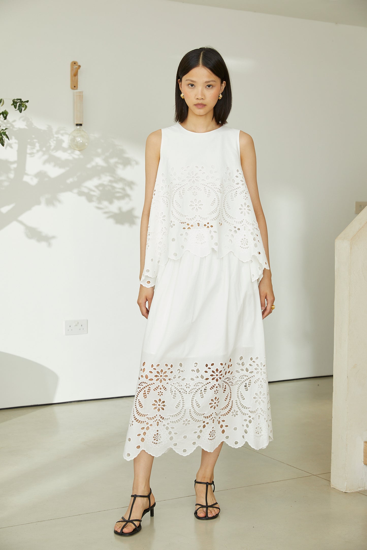 Sonia White Cotton Broderie Midi Skirt With Lace Trim