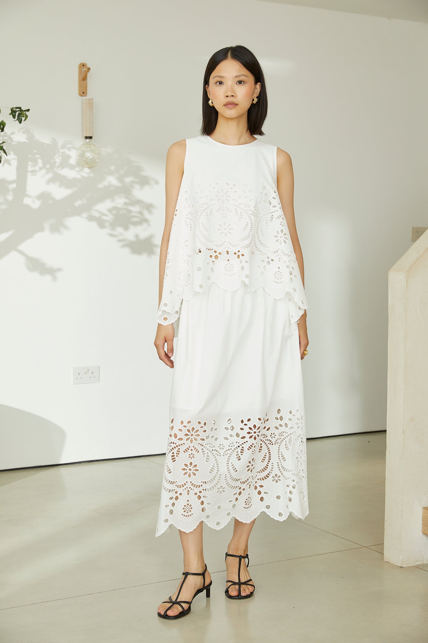 Sonia White Cotton Broderie Midi Skirt With Lace Trim