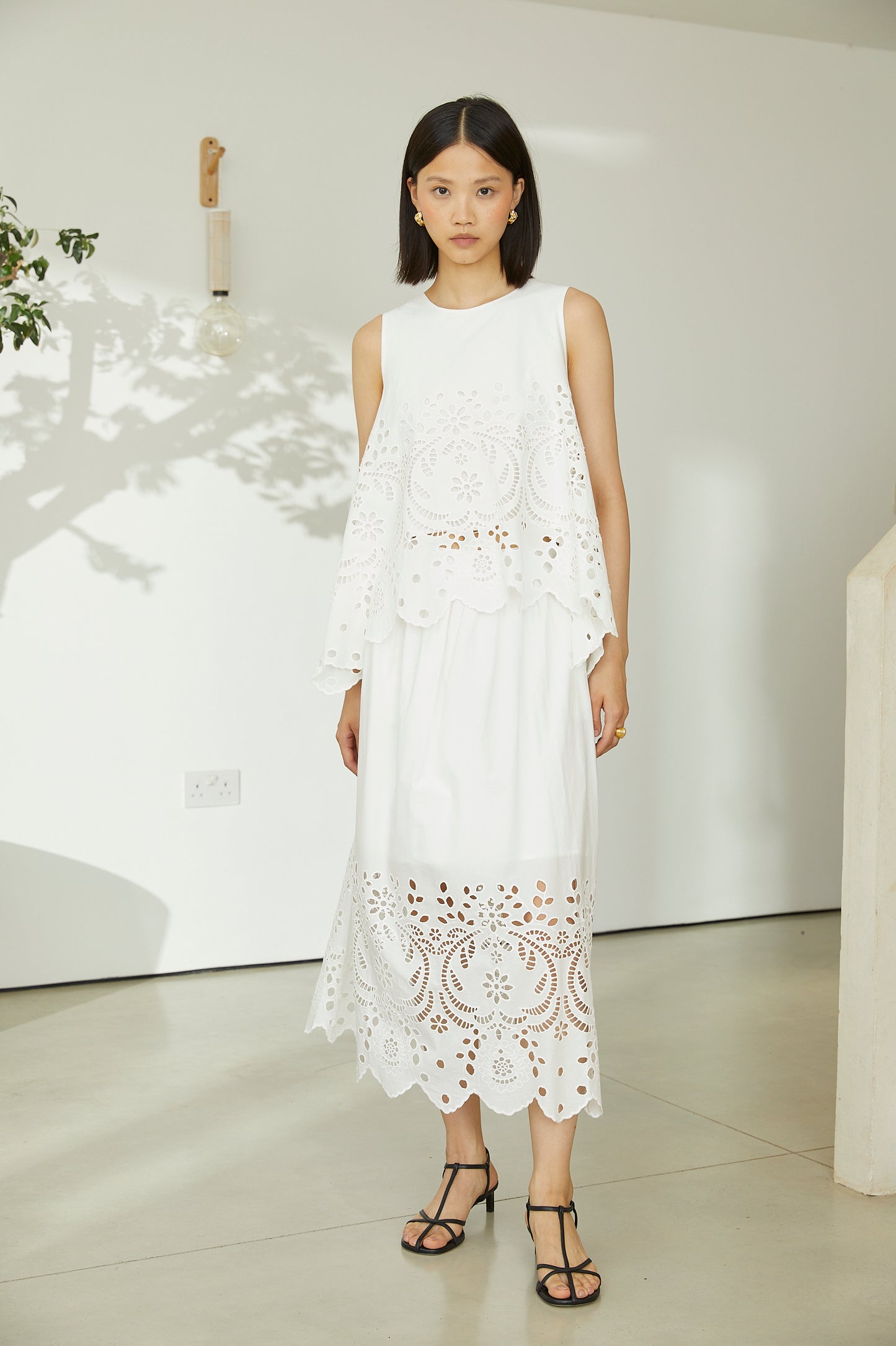 Sonia White Cotton Broderie Midi Skirt With Lace Trim