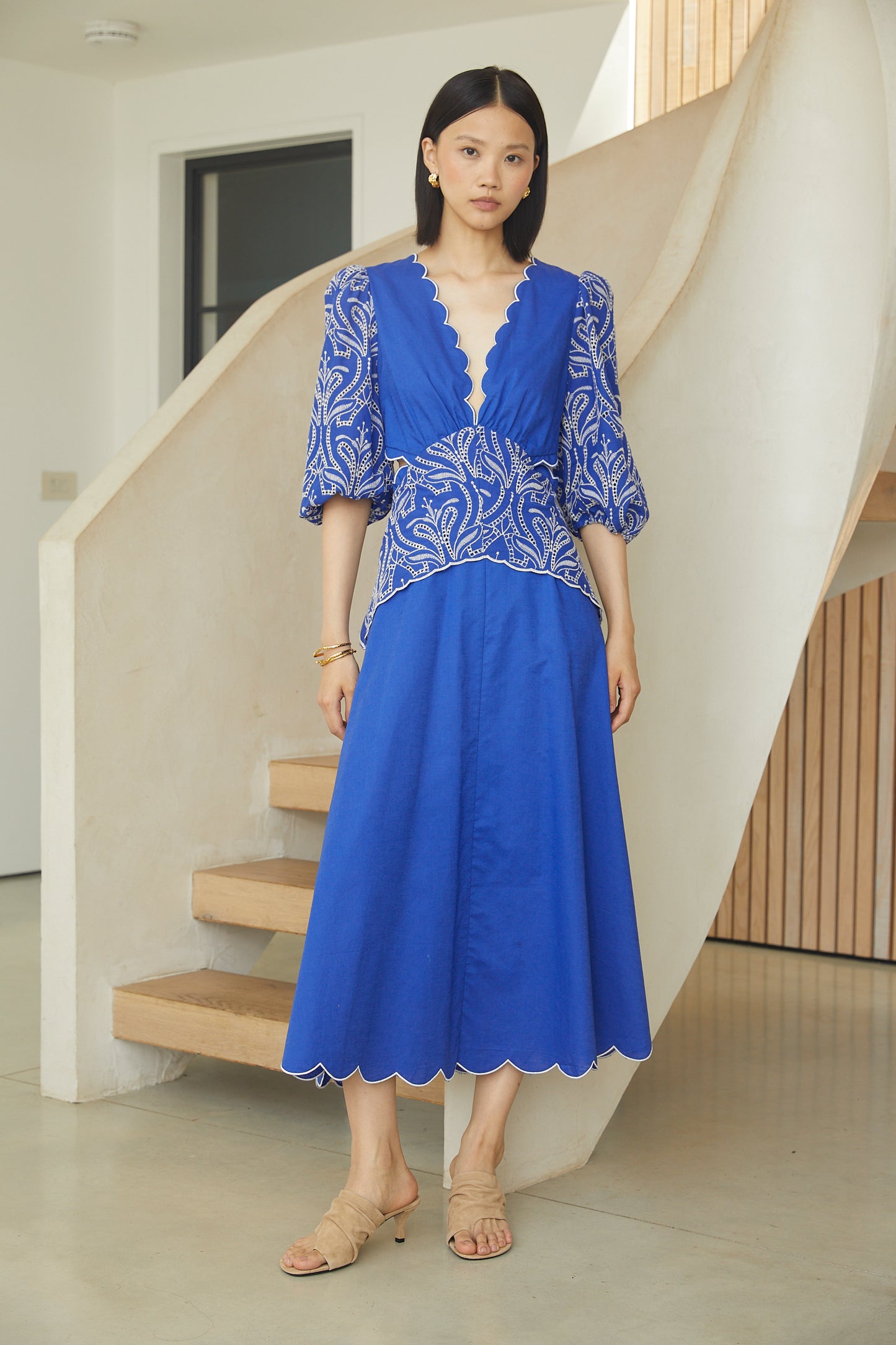 Tianna Cobalt Blue Cotton Linen Embroidered V Neck Midi Dress