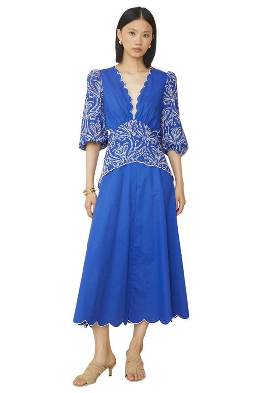 Tianna Cobalt Blue Cotton Linen Embroidered V Neck Midi Dress