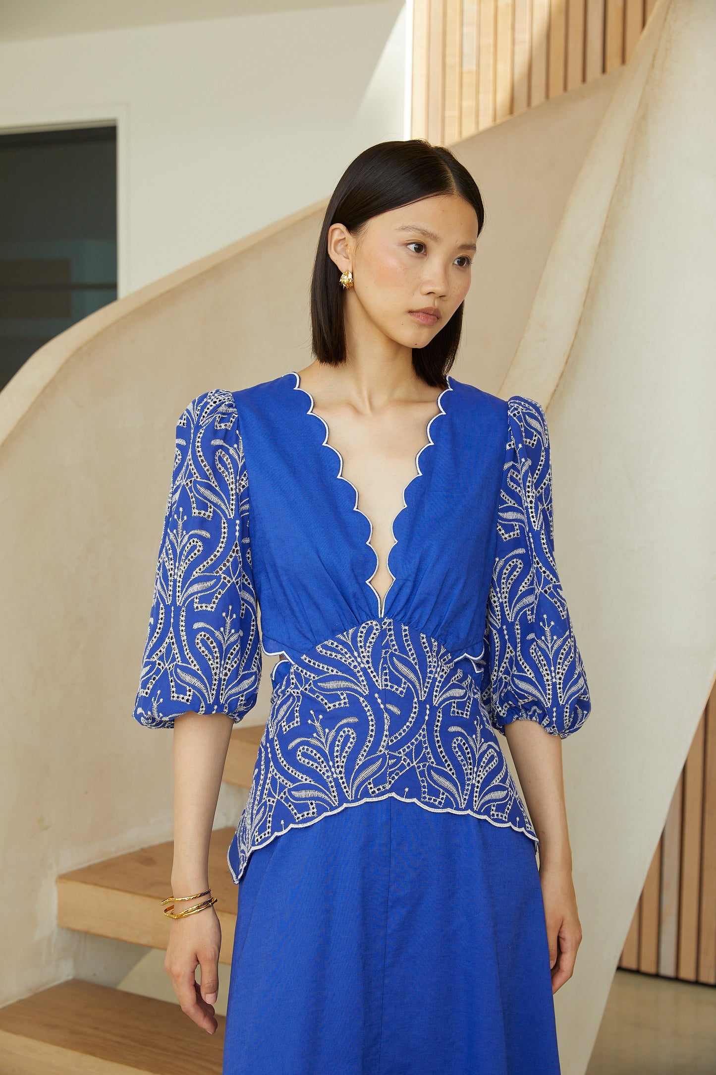Tianna Cobalt Blue Cotton Linen Embroidered V Neck Midi Dress