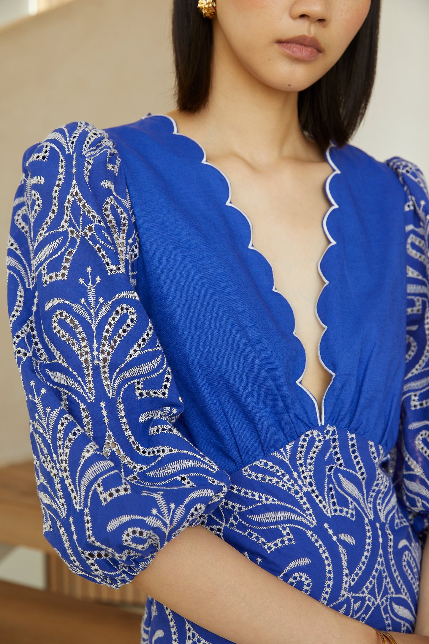 Tianna Cobalt Blue Cotton Linen Embroidered V Neck Midi Dress