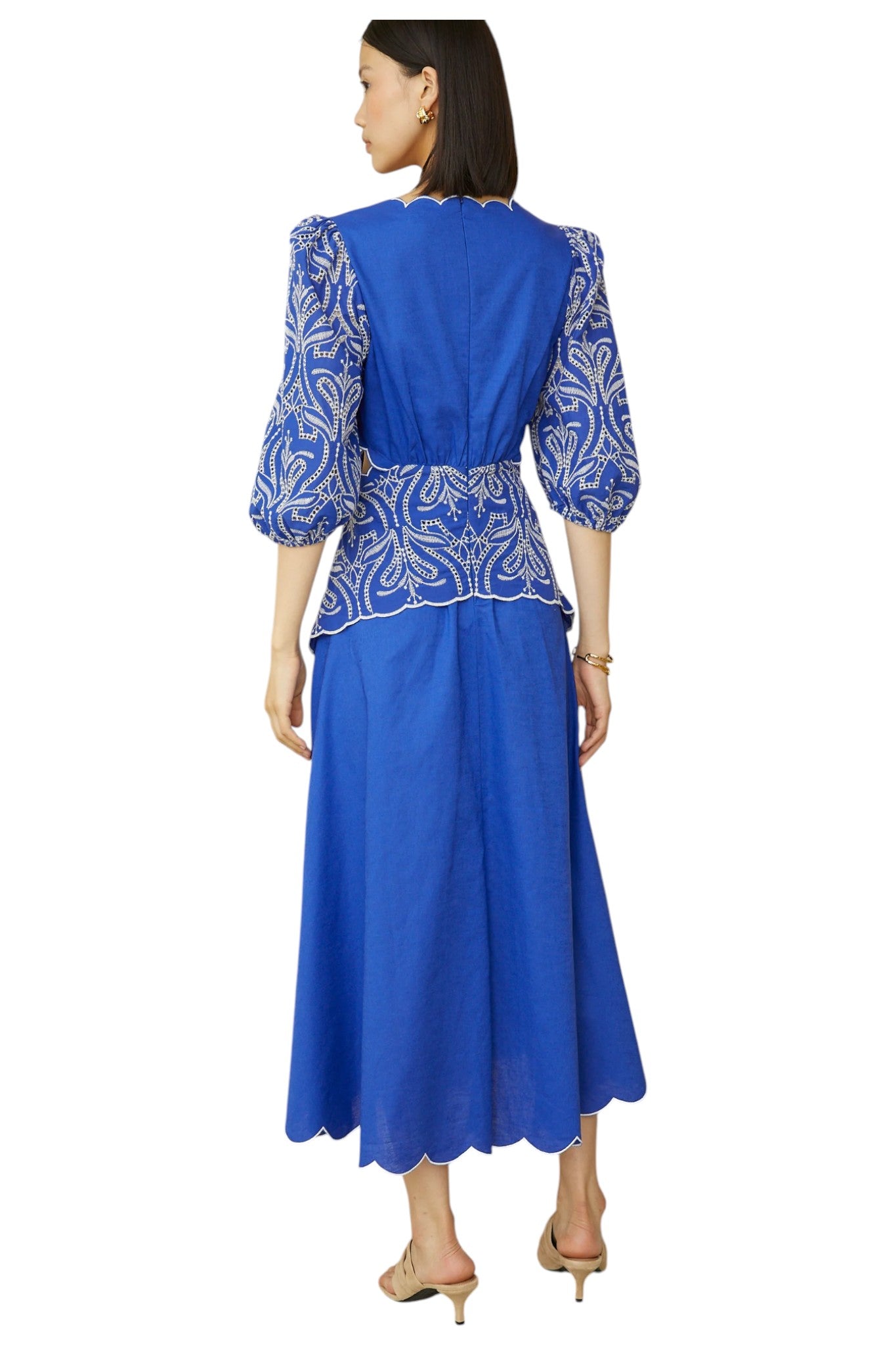 Tianna Cobalt Blue Cotton Linen Embroidered V Neck Midi Dress