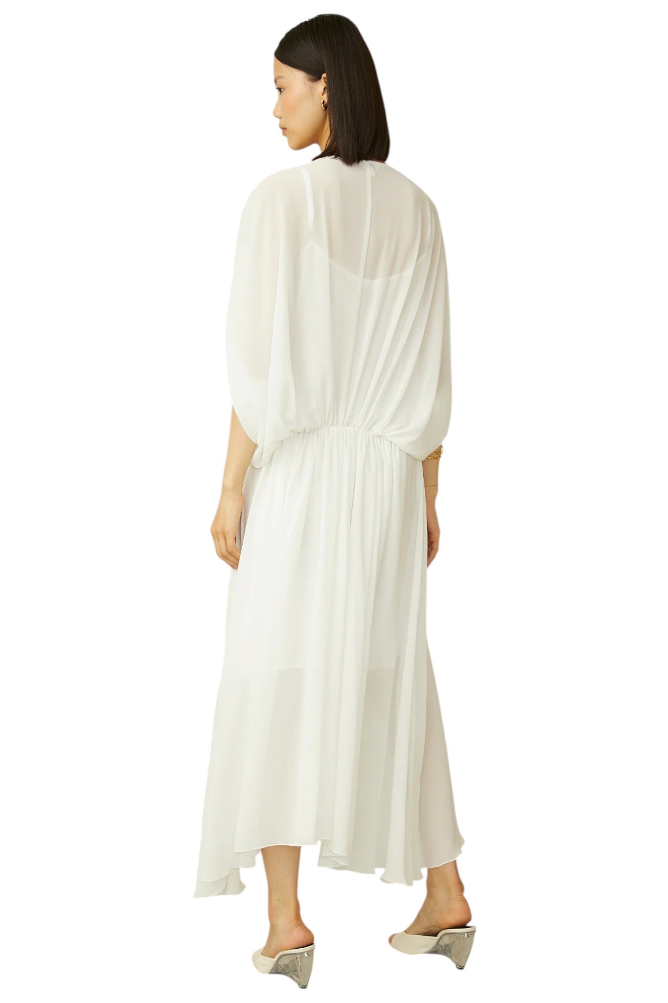 Tullies White V-Neck Short Sleeve Flowy Midi Dress with Inner Slip