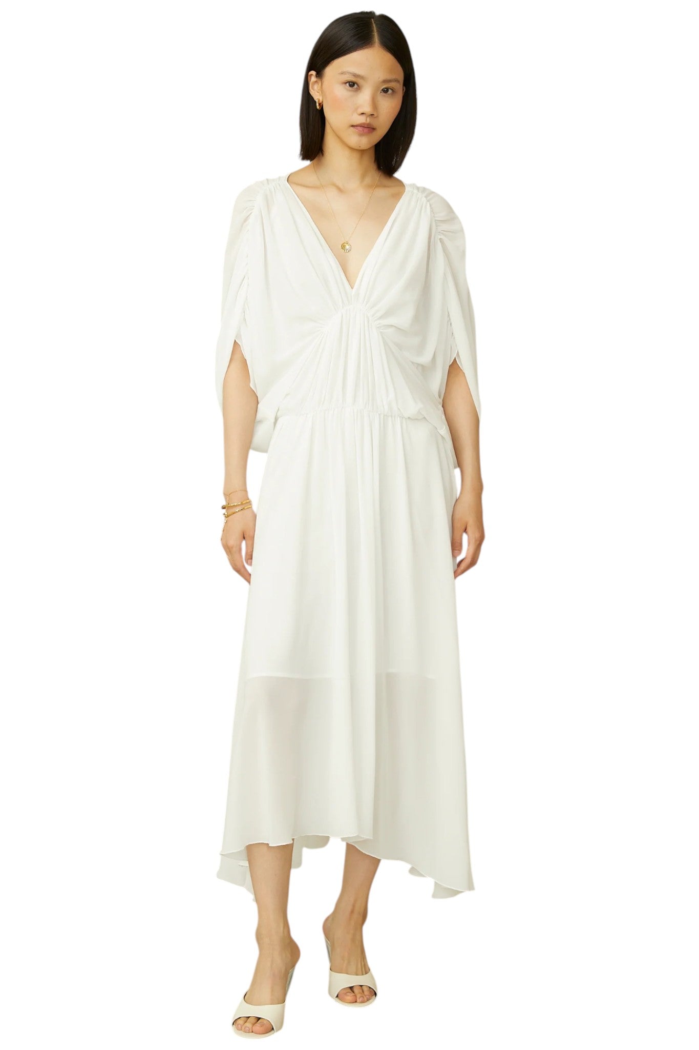 Tullies White V-Neck Short Sleeve Flowy Midi Dress with Inner Slip