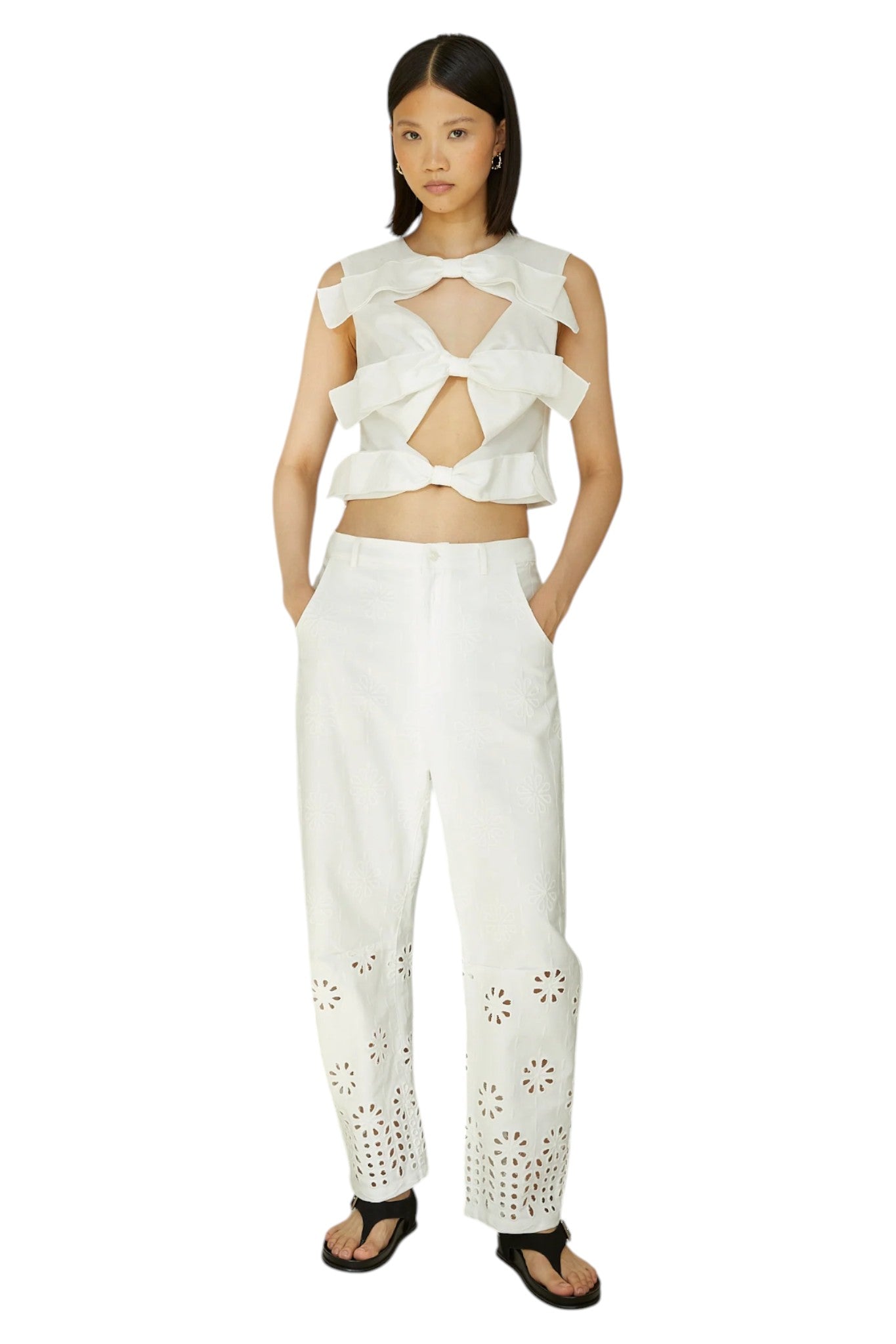 Vesna White Cotton Eyelet Cutwork Straight-Leg Trousers