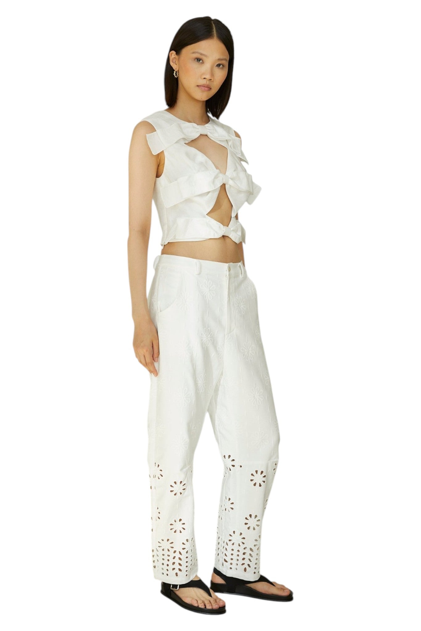 Vesna White Cotton Eyelet Cutwork Straight-Leg Trousers
