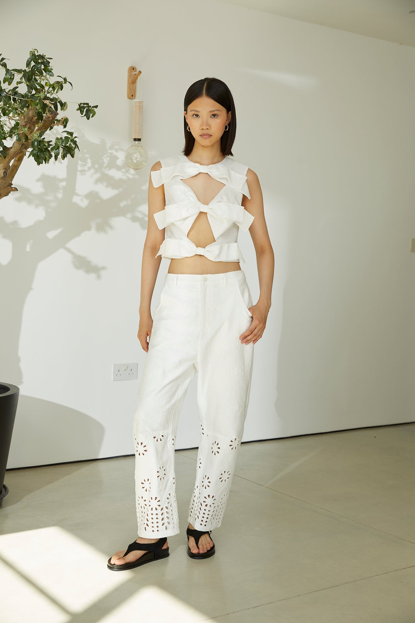 Vesna White Cotton Eyelet Cutwork Straight-Leg Trousers
