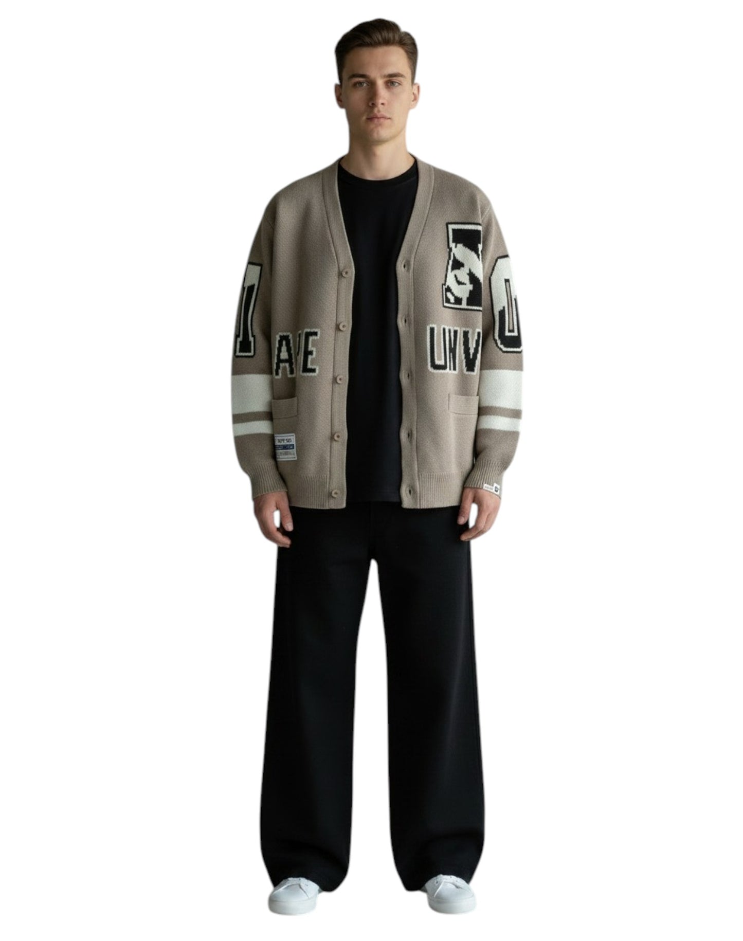 Men Moonface Jacquard Knit Cardigan in Grey