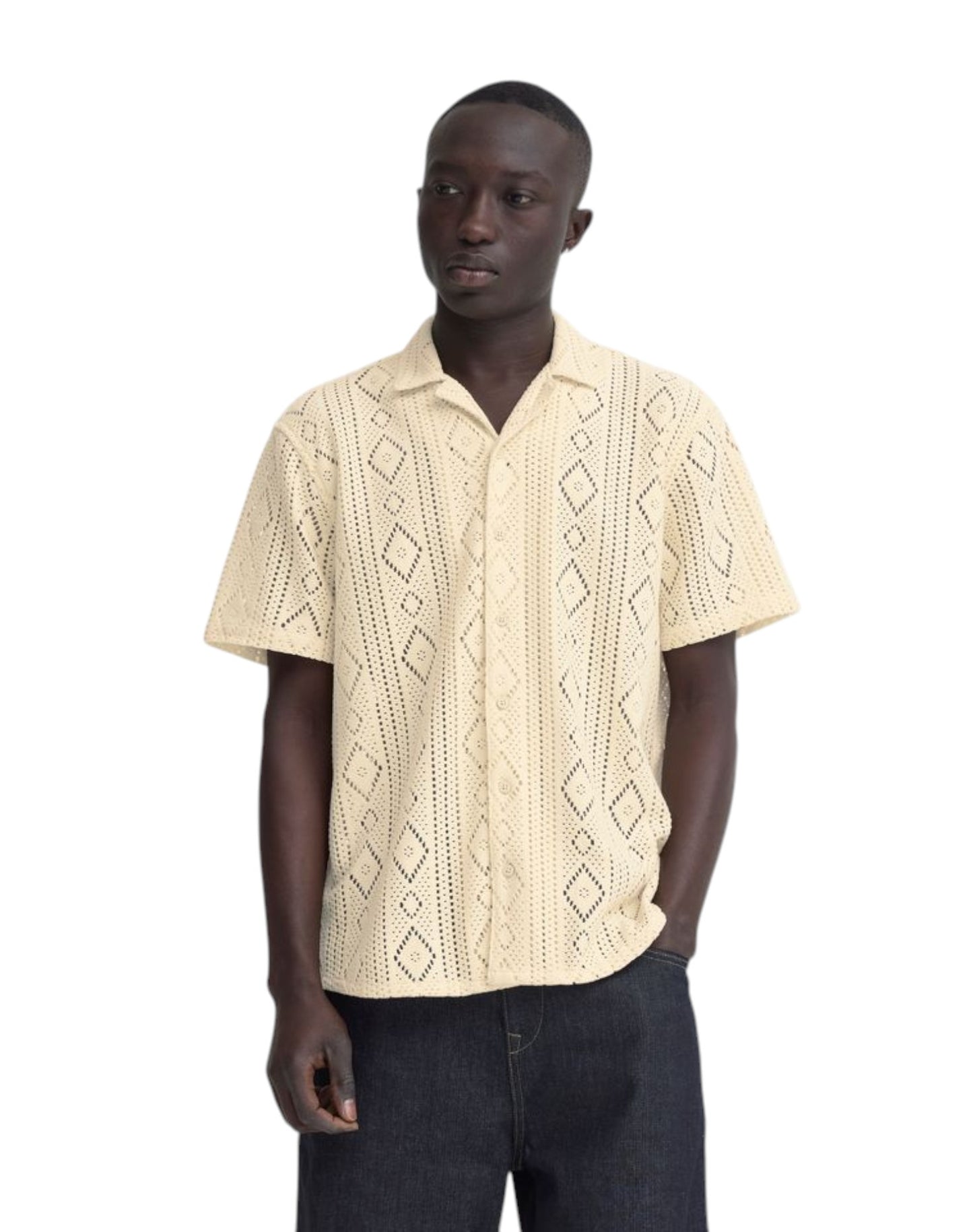 Blend Cotton Crochet Short Sleeve Shirt Off White