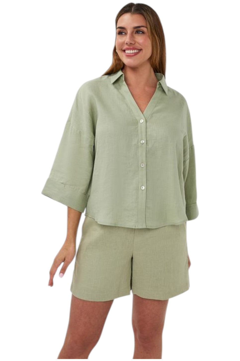 EsQualo BLOUSE TURN UP LINEN Soft Green