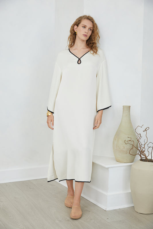 Ysabella Cream Long Sleeve Contrast Trim Midi Dress with Keyhole Neckline