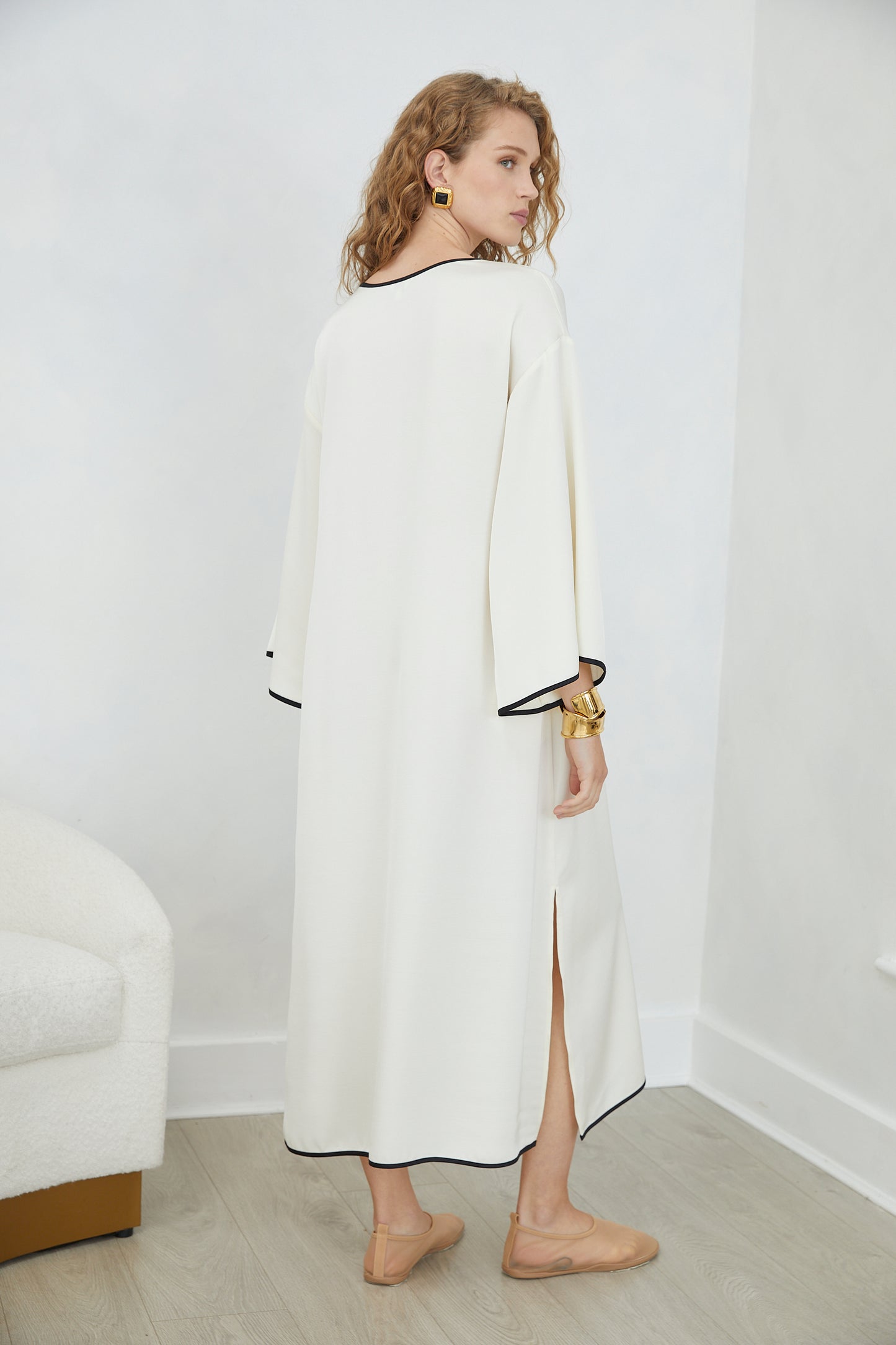 Ysabella Cream Long Sleeve Contrast Trim Midi Dress with Keyhole Neckline