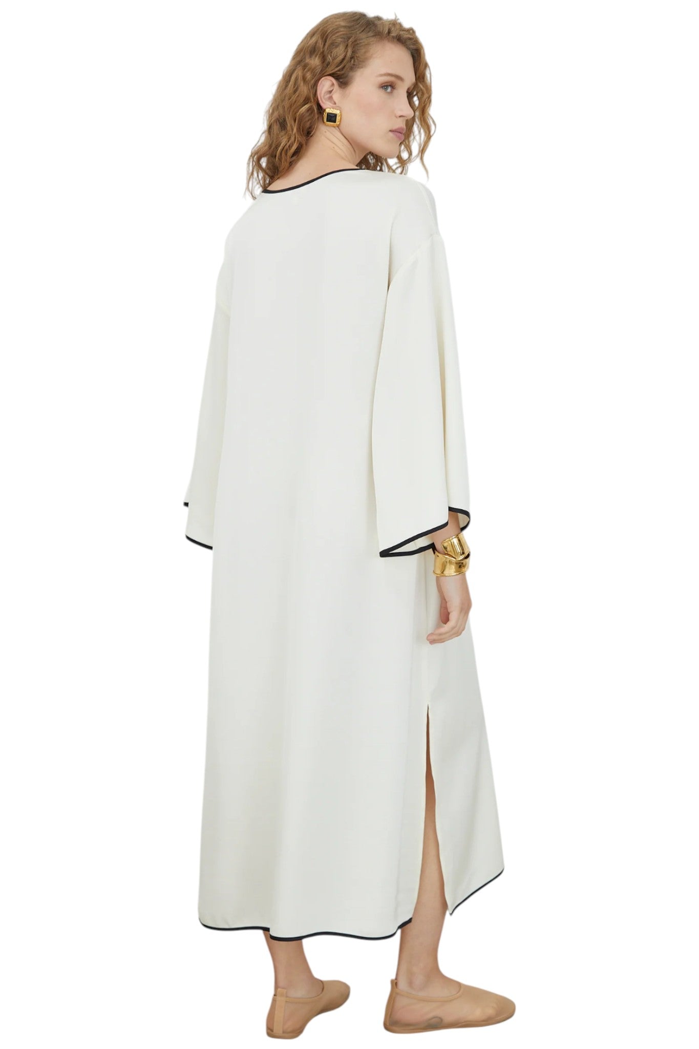 Ysabella Cream Long Sleeve Contrast Trim Midi Dress with Keyhole Neckline
