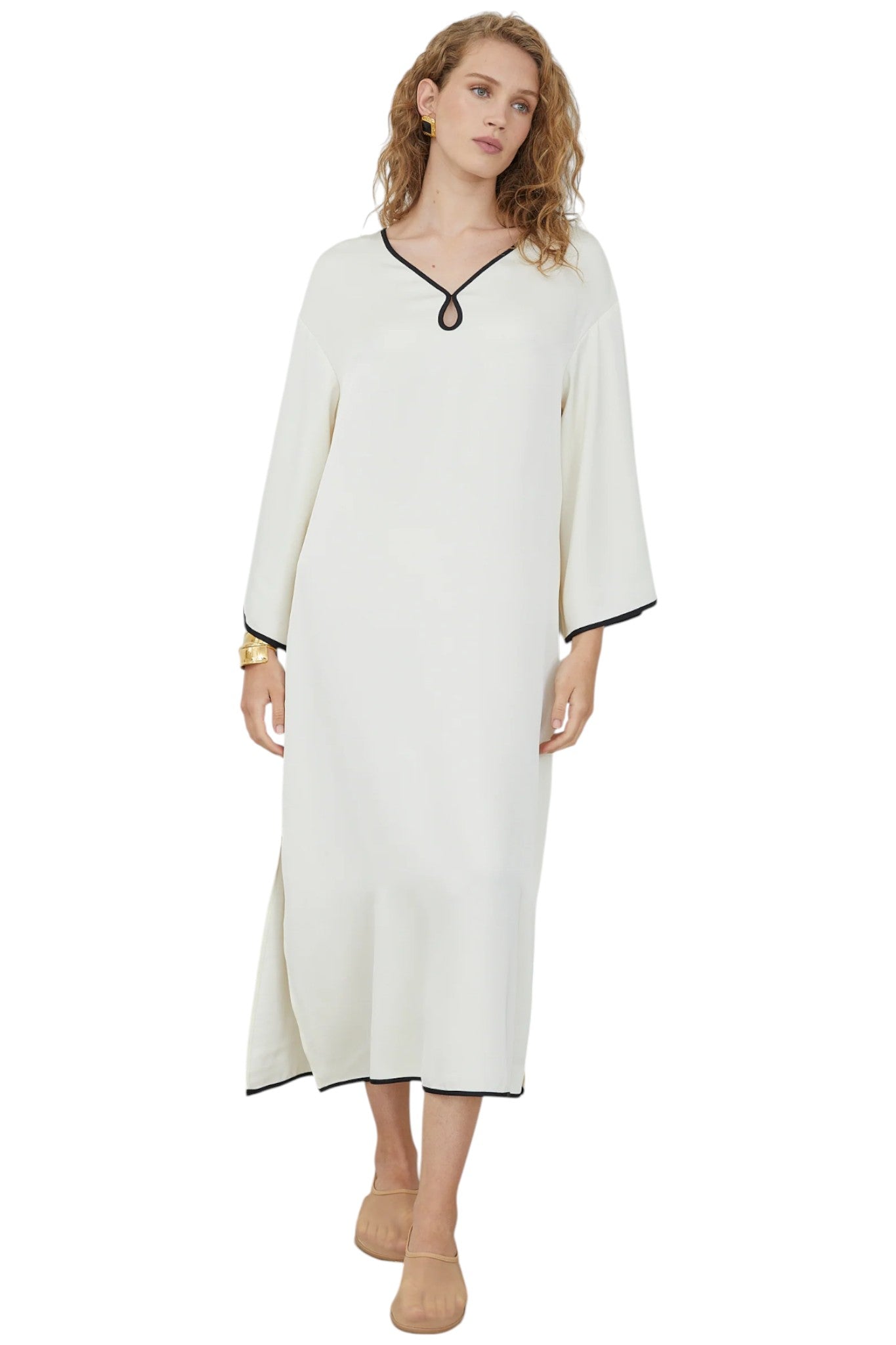 Ysabella Cream Long Sleeve Contrast Trim Midi Dress with Keyhole Neckline