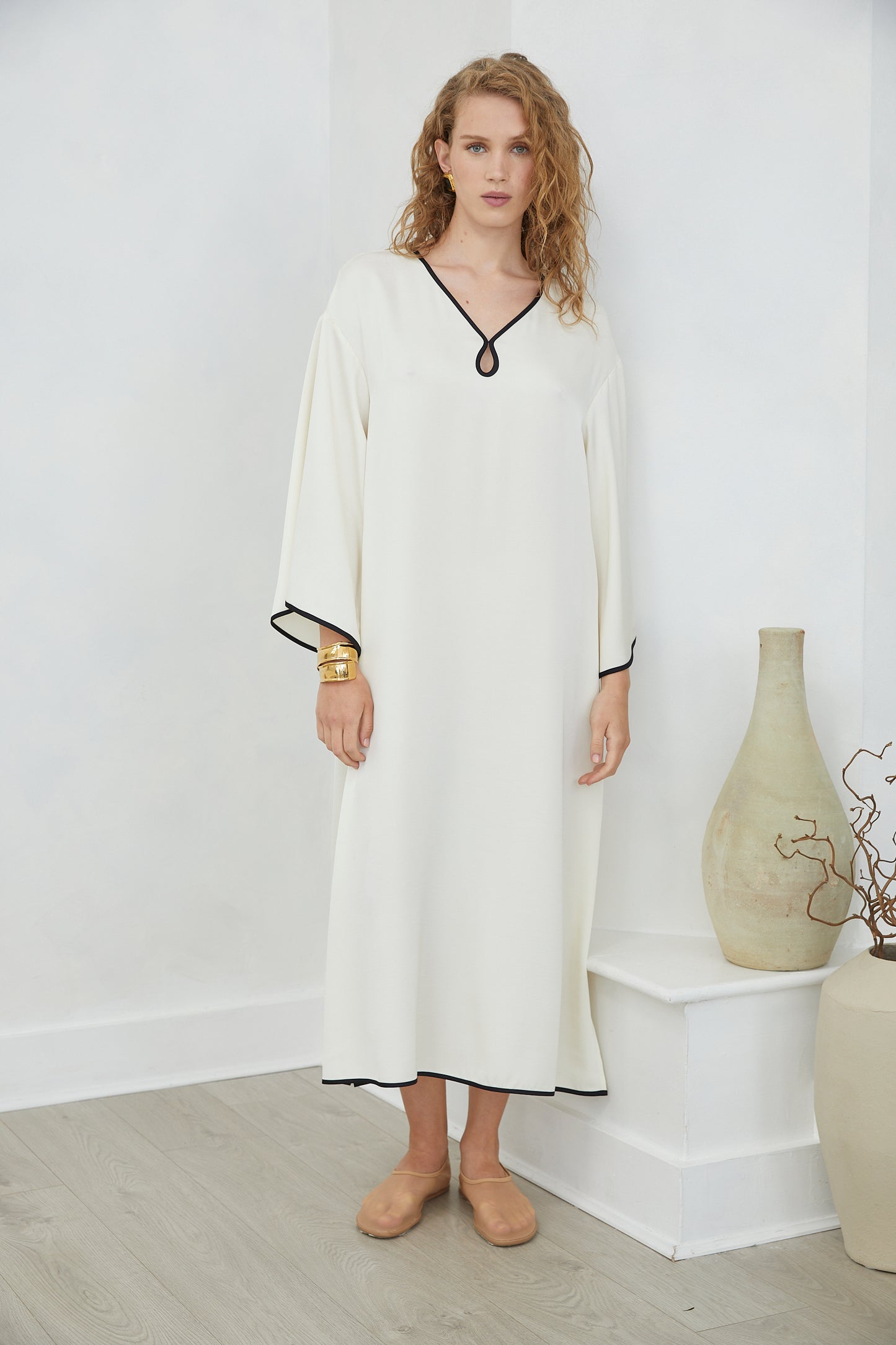 Ysabella Cream Long Sleeve Contrast Trim Midi Dress with Keyhole Neckline