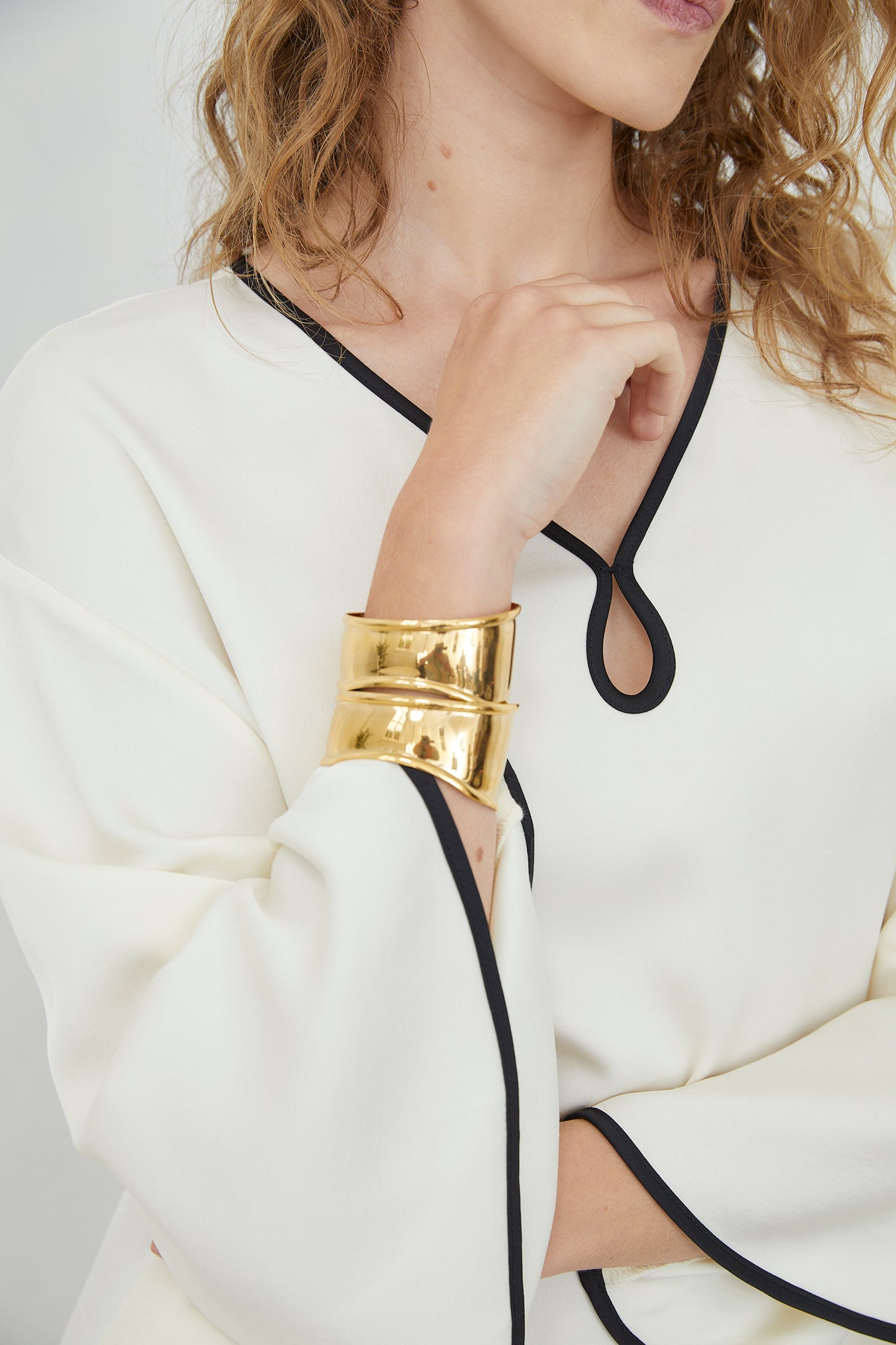 Ysabella Cream Long Sleeve Contrast Trim Midi Dress with Keyhole Neckline