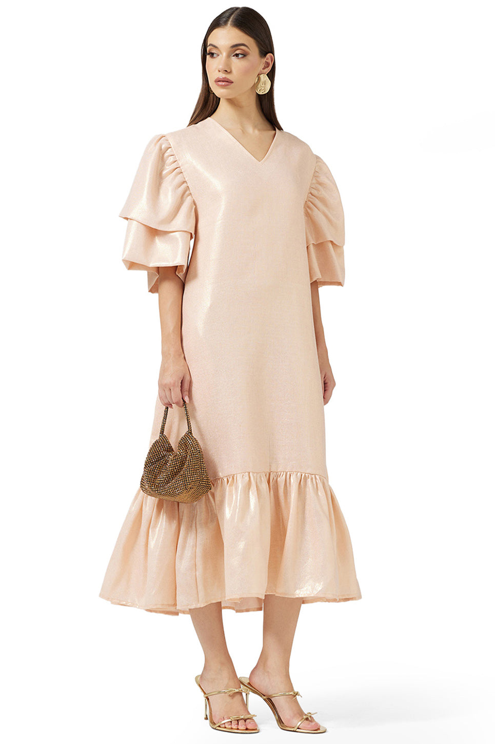 Shimmer Layered Sleeve Midi Dress