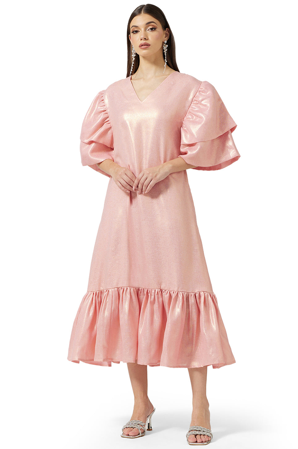 Shimmer Layered Sleeve Midi Dress