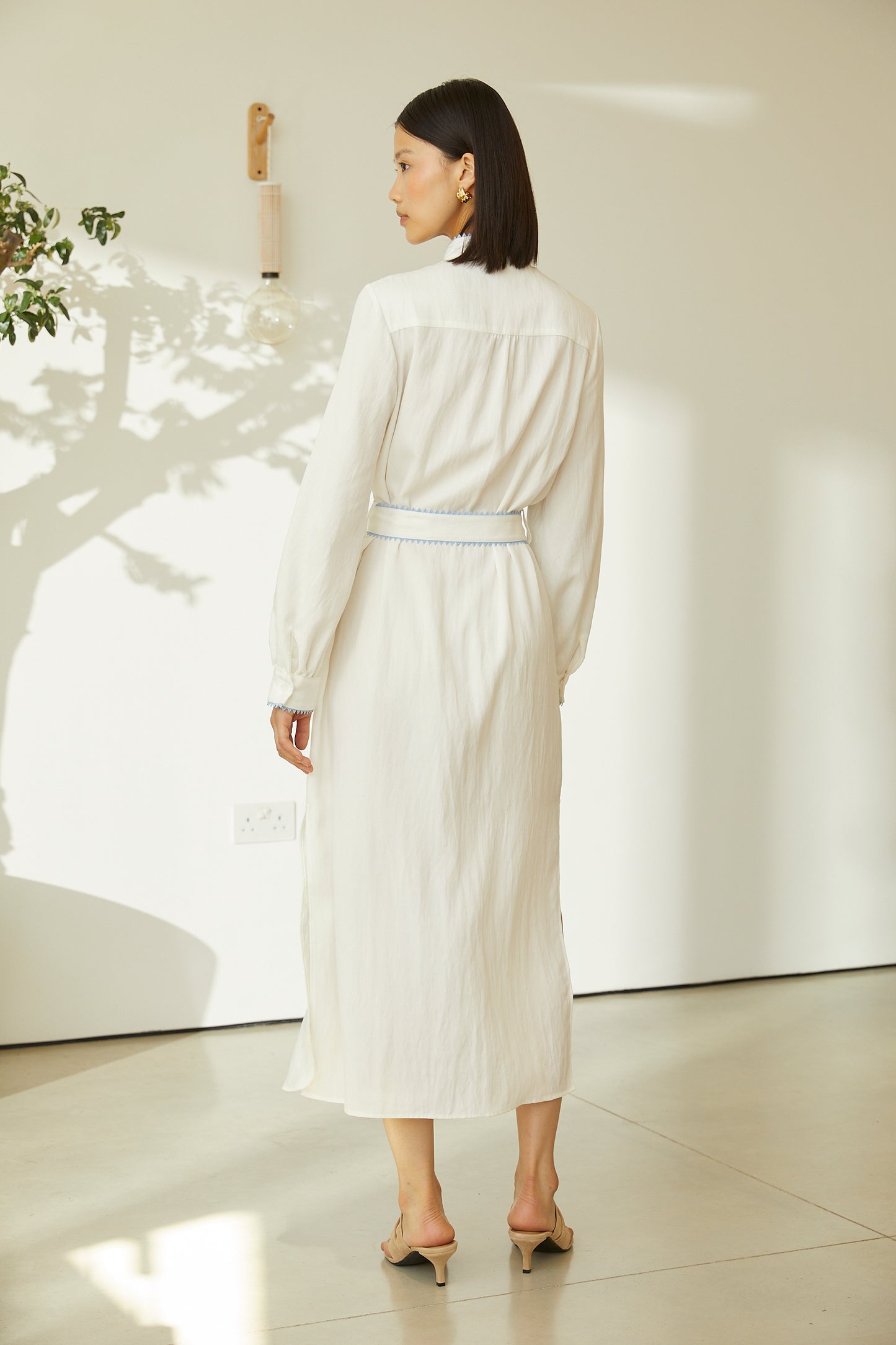 Zina Ivory Floral Embroidered Long Sleeve Belted Shirt Dress