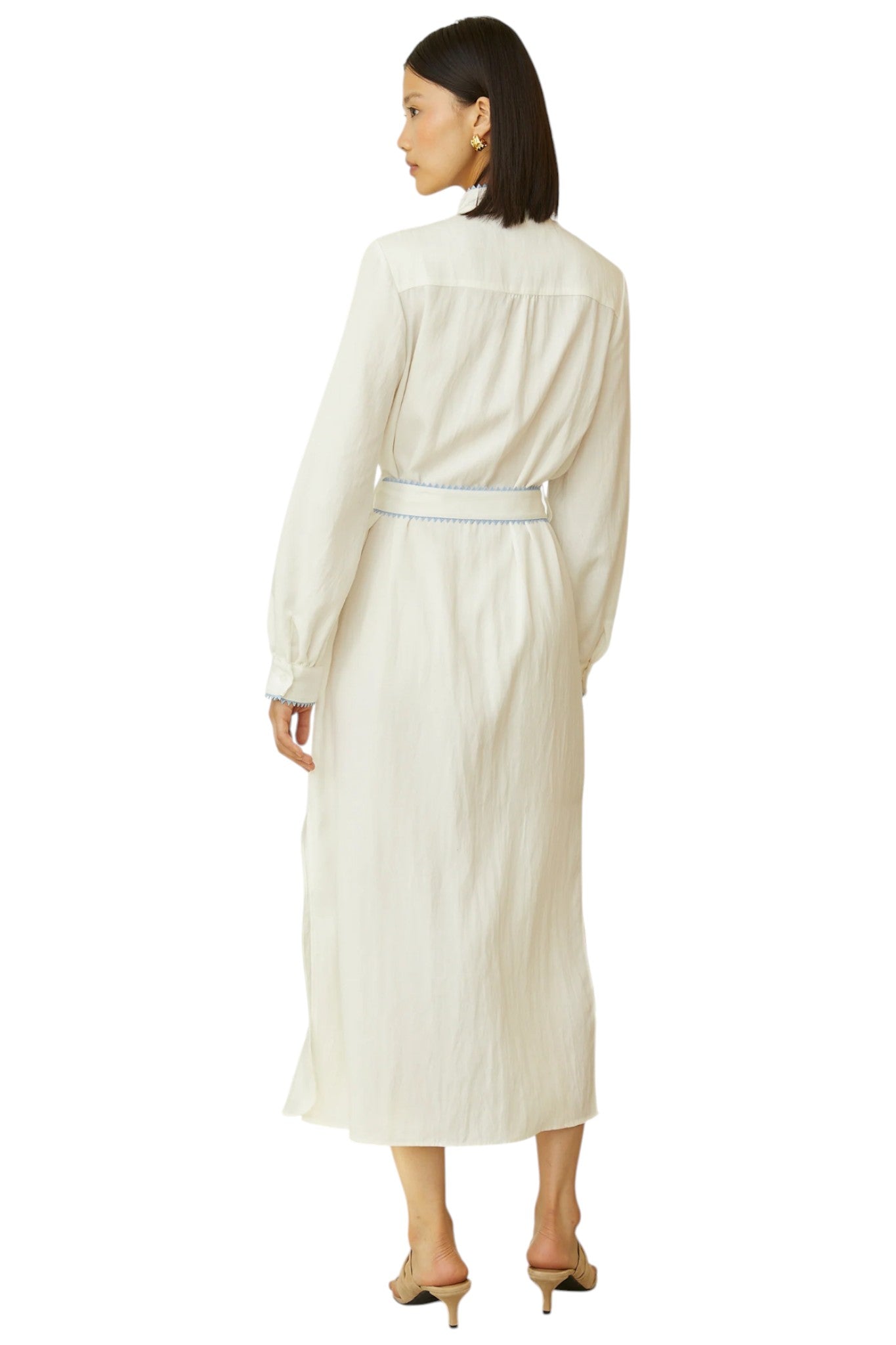 Zina Ivory Floral Embroidered Long Sleeve Belted Shirt Dress