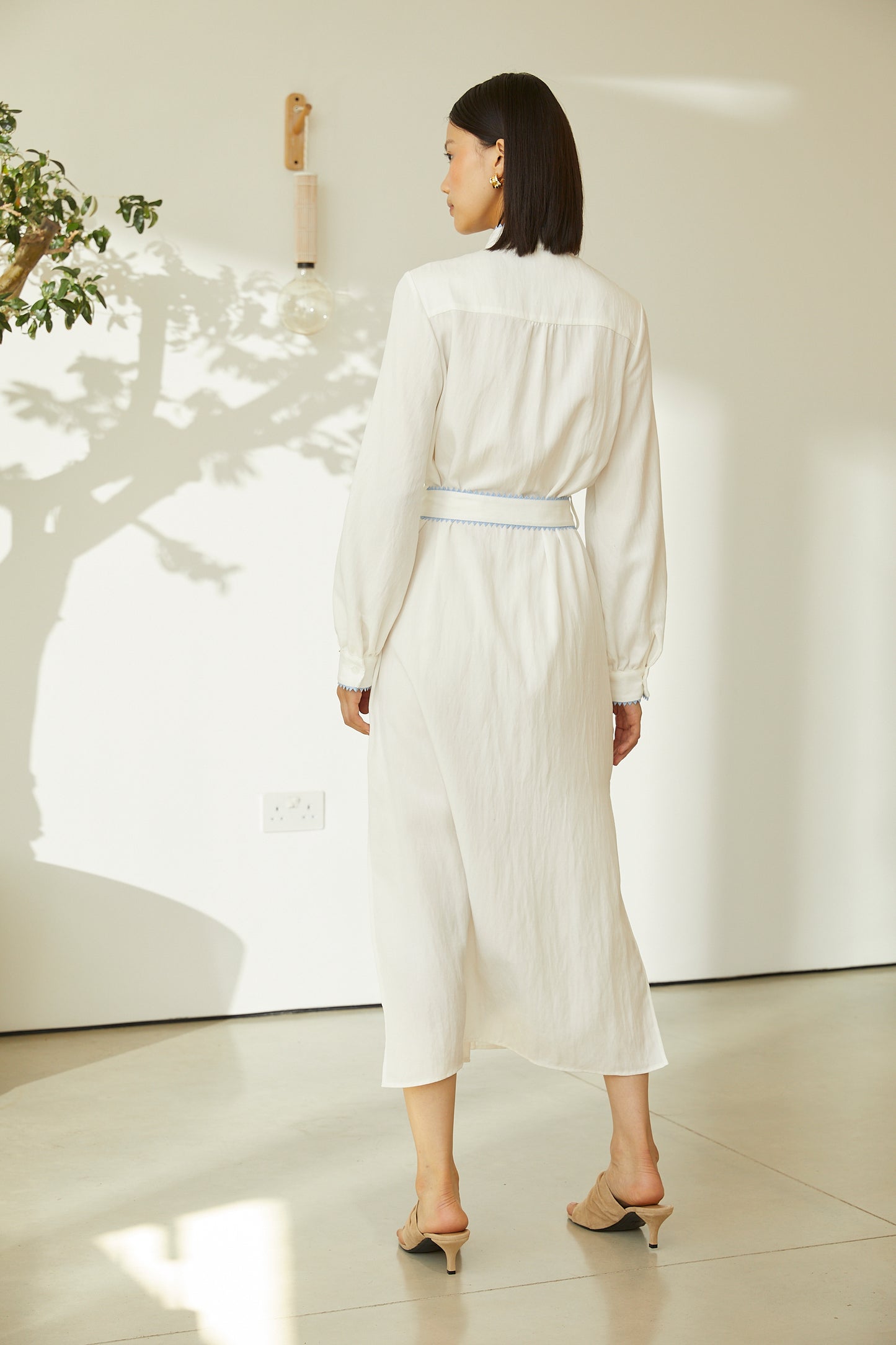 Zina Ivory Floral Embroidered Long Sleeve Belted Shirt Dress