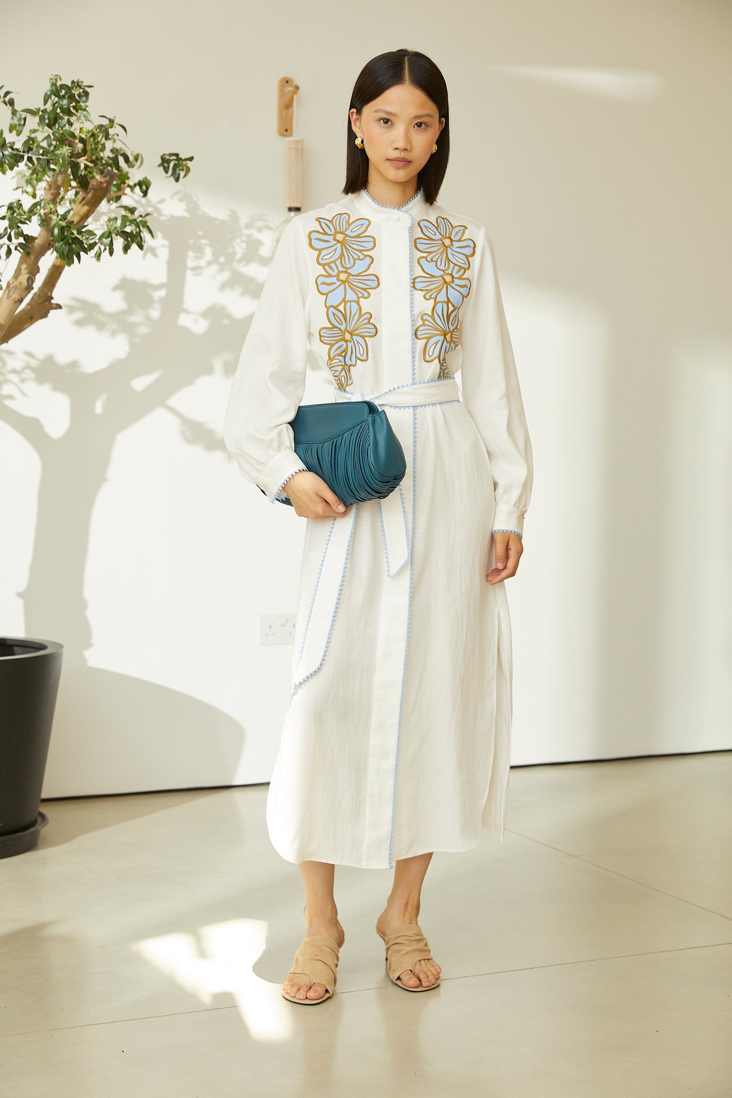 Zina Ivory Floral Embroidered Long Sleeve Belted Shirt Dress