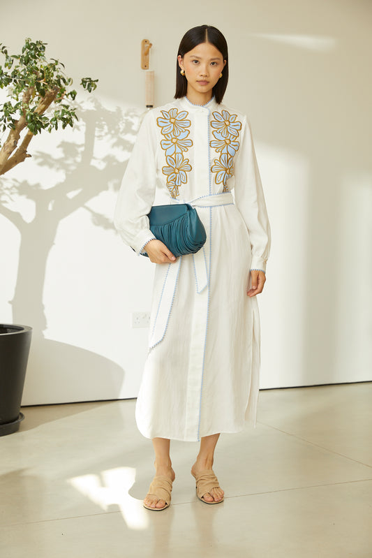 Zina Ivory Floral Embroidered Long Sleeve Belted Shirt Dress