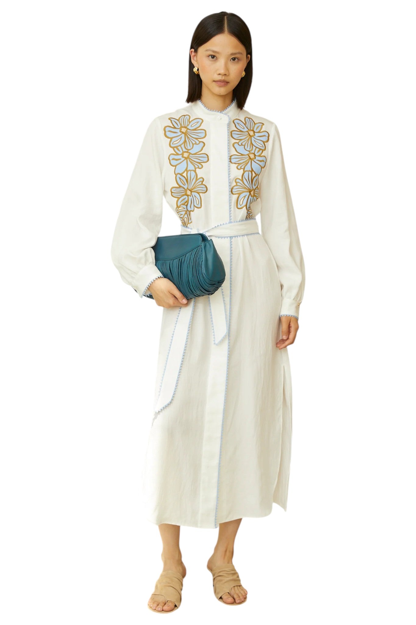 Zina Ivory Floral Embroidered Long Sleeve Belted Shirt Dress