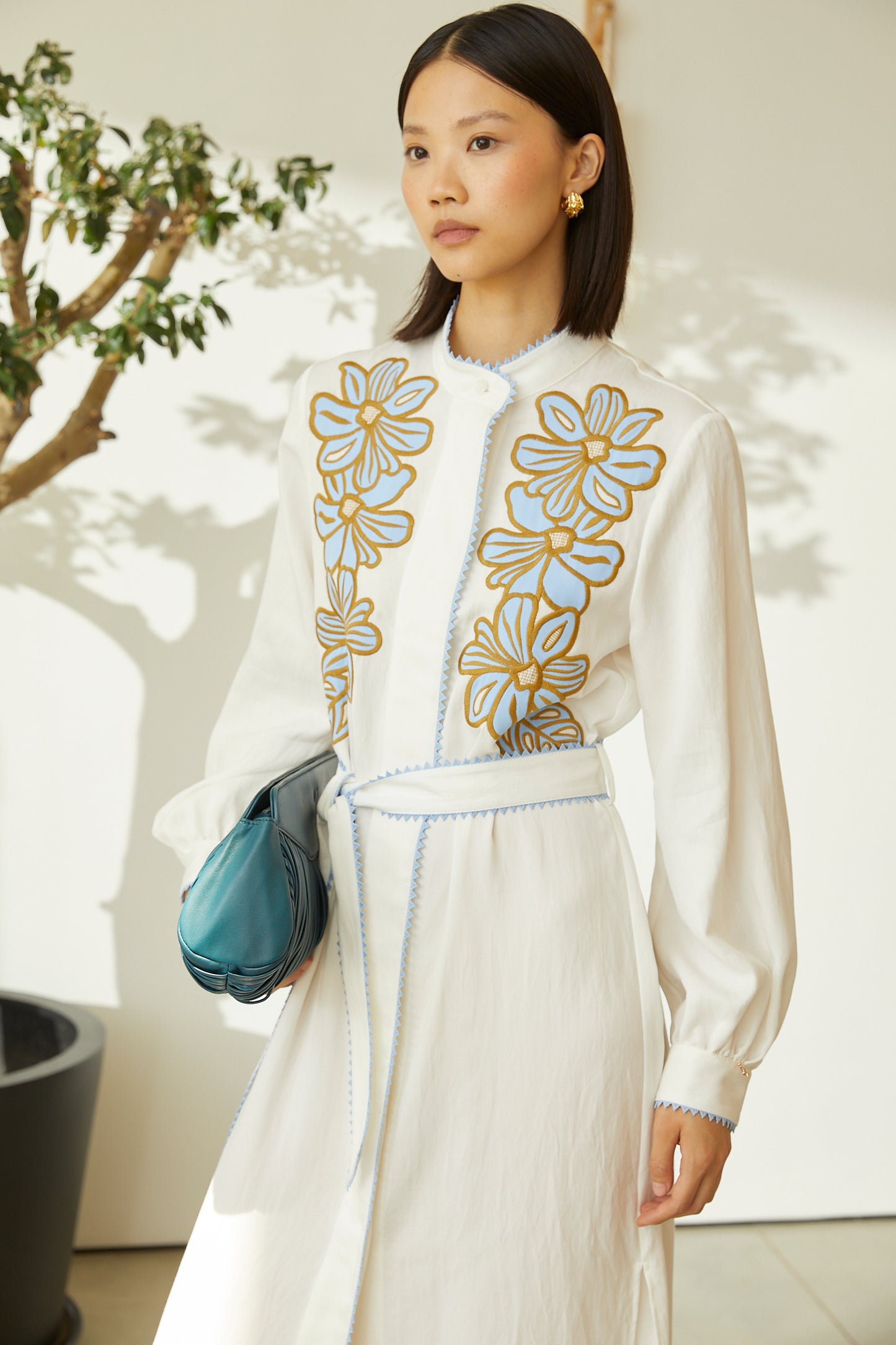 Zina Ivory Floral Embroidered Long Sleeve Belted Shirt Dress