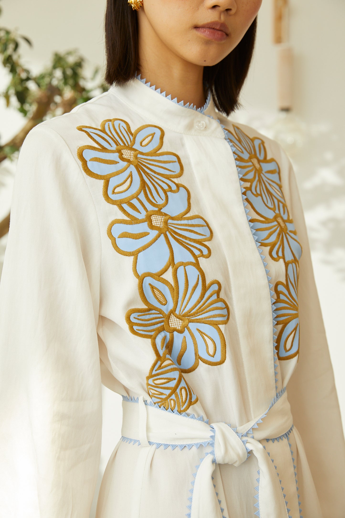 Zina Ivory Floral Embroidered Long Sleeve Belted Shirt Dress