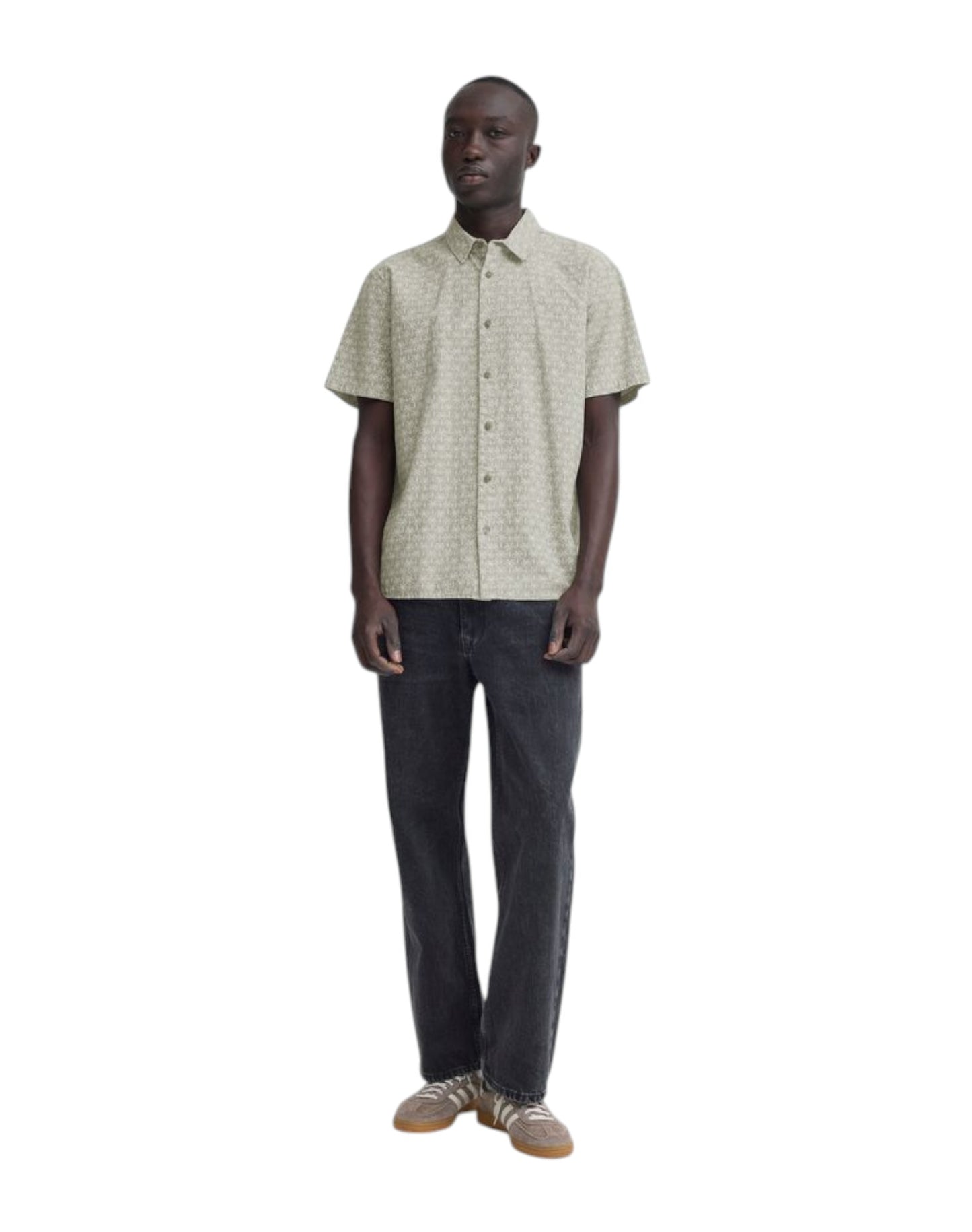 Blend Cotton Short Sleeve Palm Print Shirt Dusty Olive