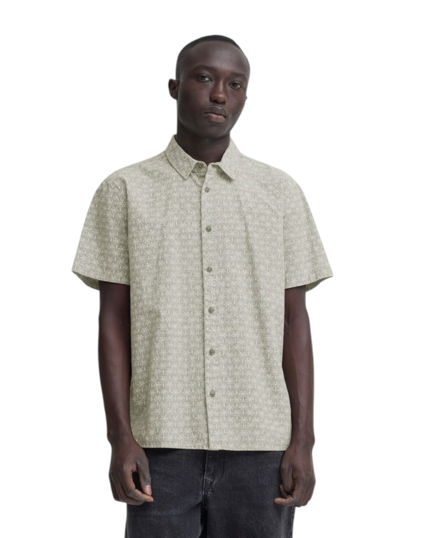 Blend Cotton Short Sleeve Palm Print Shirt Dusty Olive