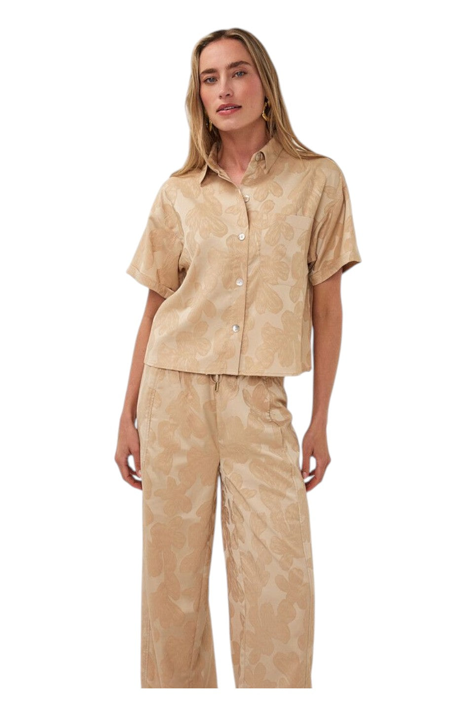 EsQualo BLOUSE JACQUARD LEAVES Sand