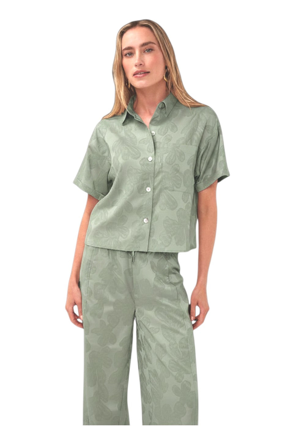EsQualo BLOUSE JACQUARD LEAVES Soft Green